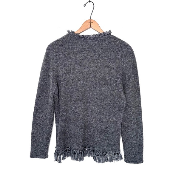 J. McLaughlin Gray Silver Metallic Shimmer Tassel Fringe Hem Sweater Size Medium - Picture 3 of 6